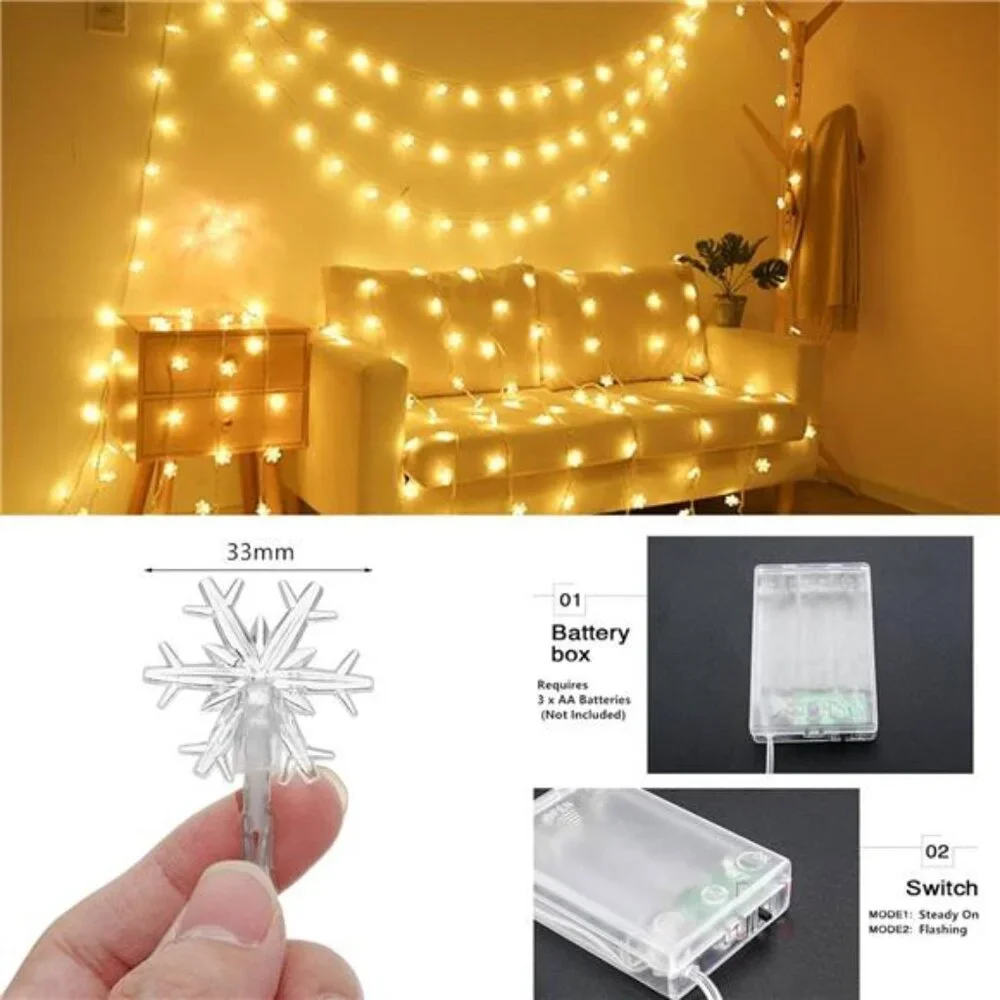 20 Ft 40 LED Snowflake String Lights, Battery‎ Operated, Warm White Xmas Decor